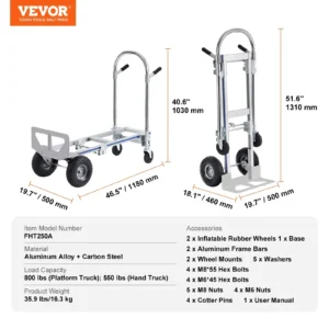 VEVOR Heavy Duty Aluminum Folding Hand Truck – Collapsible Dolly Cart for Warehouse & Transport - Image 7